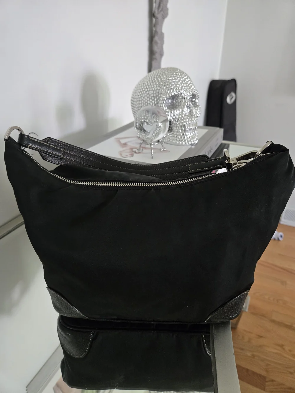 Prada Black Nylon Shoulder Bag with Leather Trim